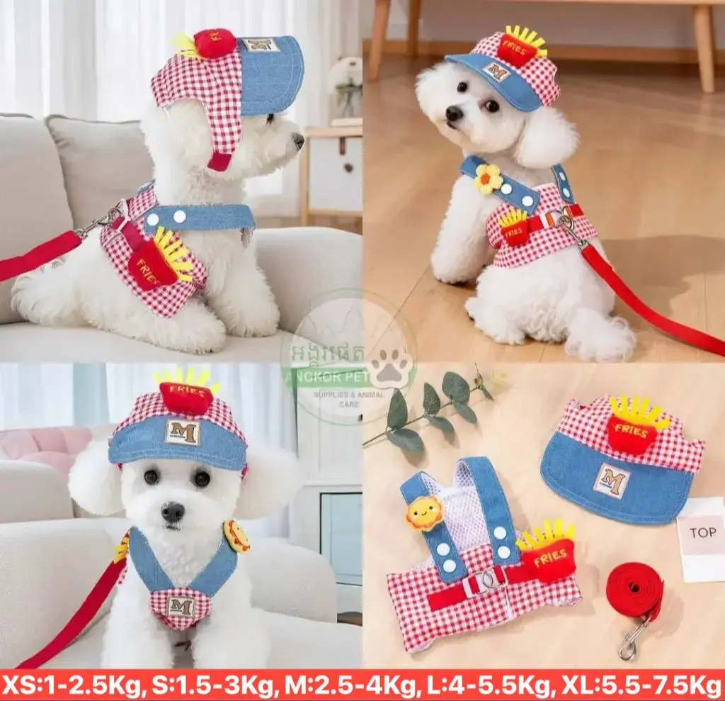 - Pet Harness Set With Hat ឈុតខ្សែបណ្តើរ+មួក Red+Sky Blue