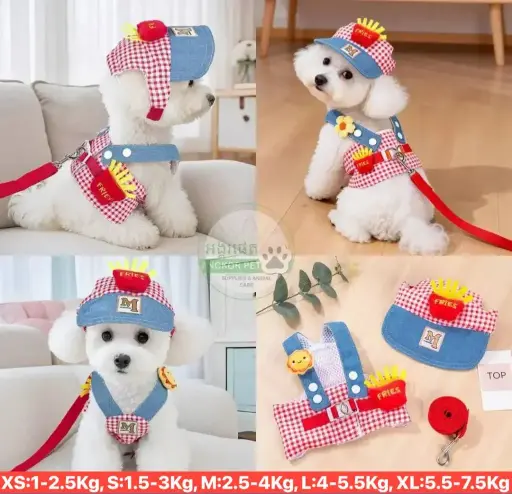 - Pet Harness Set With Hat ឈុតខ្សែបណ្តើរ+មួក Red+Sky Blue
