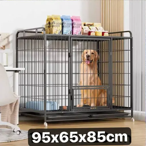 [B0000001707] - Dog Cage Black Wheel 95x65x85cm ទ្រុងខ្មៅមានកង់រុញចិន